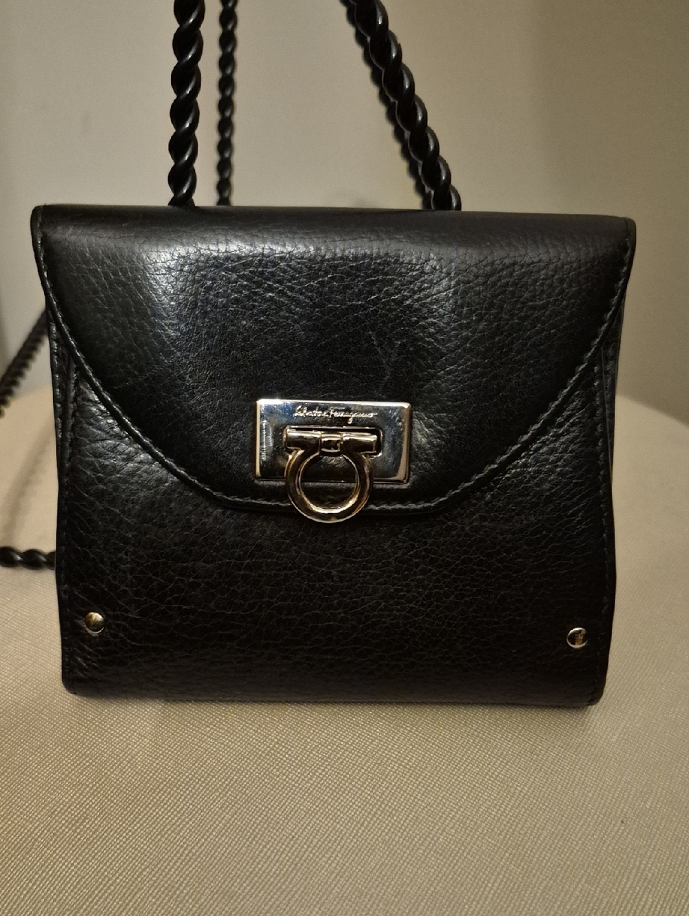 Salvatore Ferragamo Black Compact Wallet with Silver-Tone Gancini
